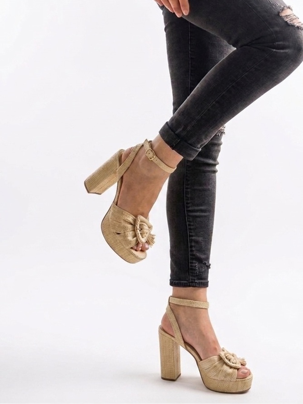 Gianni Bini Natural Raffia Platform Sandals with Mismatch Buckle Accent